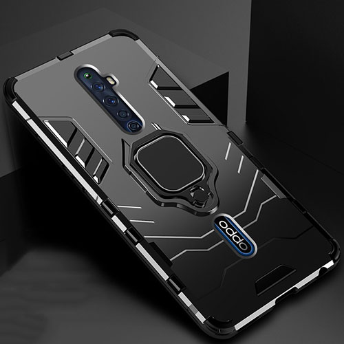 Silicone Matte Finish and Plastic Back Cover Case with Magnetic Finger Ring Stand for Oppo Reno2 Z Black