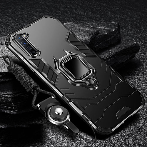 Silicone Matte Finish and Plastic Back Cover Case with Magnetic Finger Ring Stand for Oppo Reno3 Black