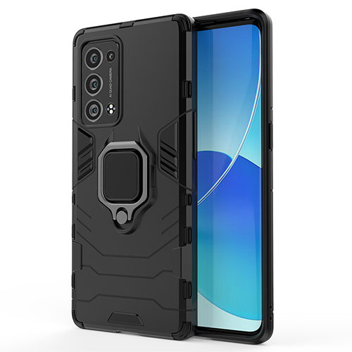 Silicone Matte Finish and Plastic Back Cover Case with Magnetic Finger Ring Stand for Oppo Reno6 Pro 5G Black