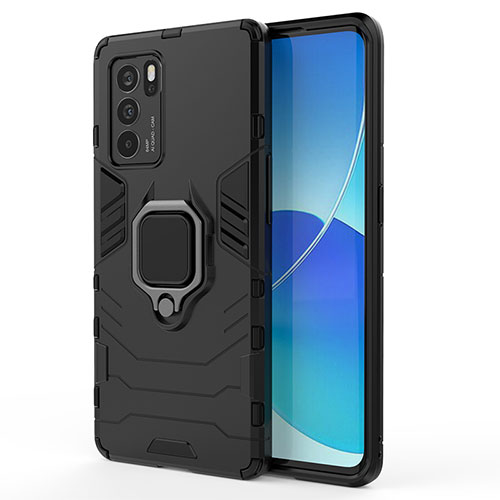 Silicone Matte Finish and Plastic Back Cover Case with Magnetic Finger Ring Stand for Oppo Reno6 Pro 5G India Black