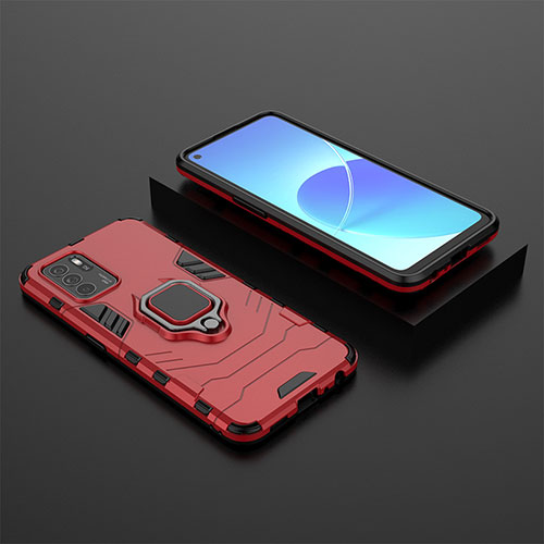 Silicone Matte Finish and Plastic Back Cover Case with Magnetic Finger Ring Stand for Oppo Reno6 Z 5G Red