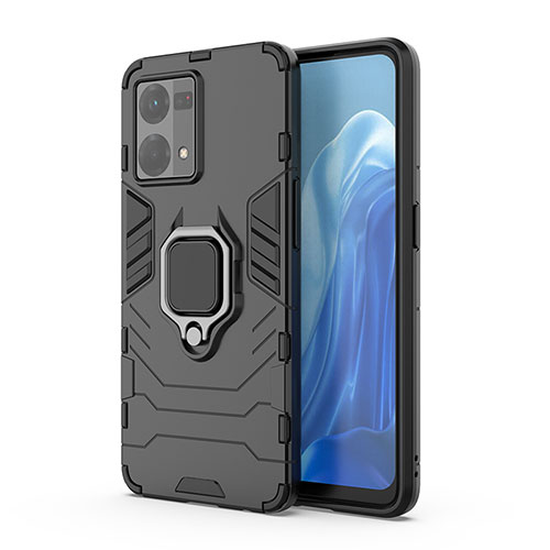 Silicone Matte Finish and Plastic Back Cover Case with Magnetic Finger Ring Stand for Oppo Reno7 4G Black