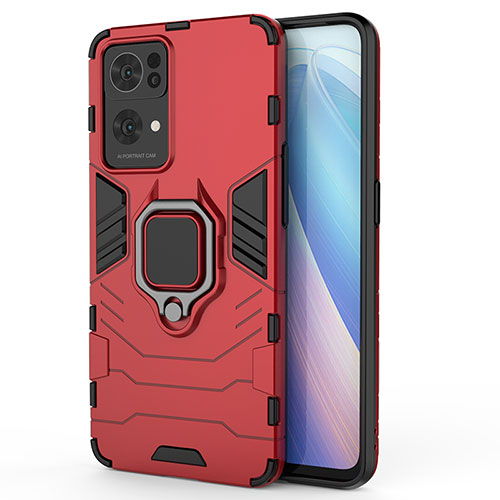 Silicone Matte Finish and Plastic Back Cover Case with Magnetic Finger Ring Stand for Oppo Reno7 Pro 5G Red