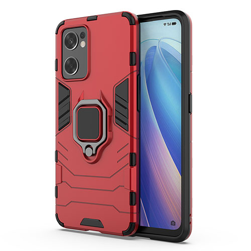 Silicone Matte Finish and Plastic Back Cover Case with Magnetic Finger Ring Stand for Oppo Reno7 SE 5G Red