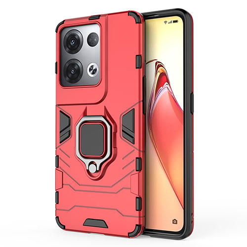 Silicone Matte Finish and Plastic Back Cover Case with Magnetic Finger Ring Stand for Oppo Reno8 Pro 5G Red
