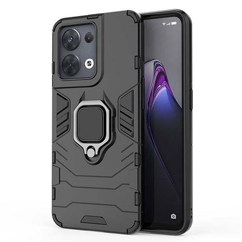 Silicone Matte Finish and Plastic Back Cover Case with Magnetic Finger Ring Stand for Oppo Reno9 Pro 5G Black