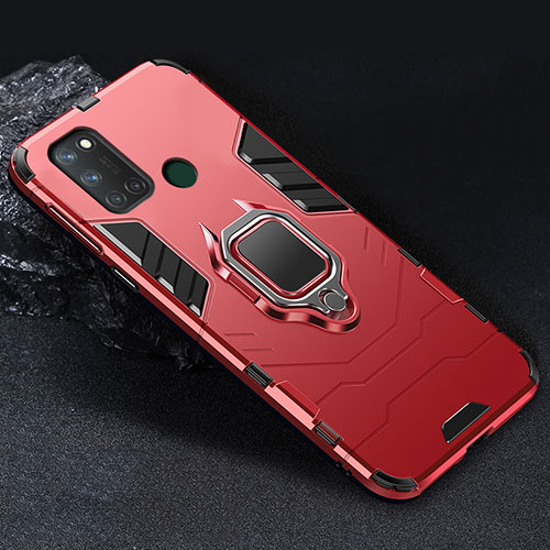 Silicone Matte Finish and Plastic Back Cover Case with Magnetic Finger Ring Stand for Realme 7i Red