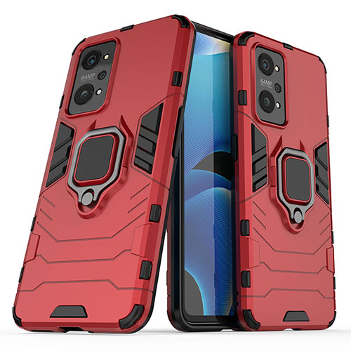 Silicone Matte Finish and Plastic Back Cover Case with Magnetic Finger Ring Stand for Realme GT Neo 3T 5G Red