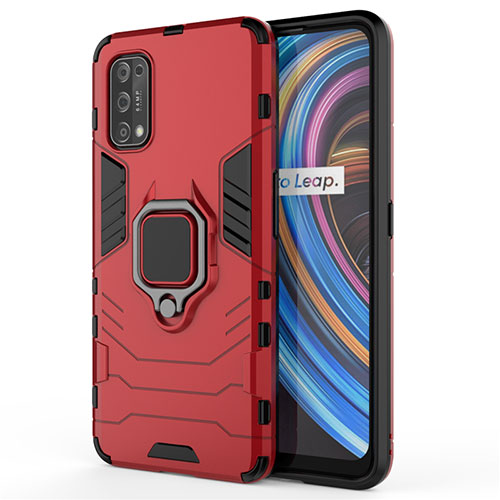 Silicone Matte Finish and Plastic Back Cover Case with Magnetic Finger Ring Stand for Realme X7 Pro 5G Red