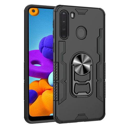 Silicone Matte Finish and Plastic Back Cover Case with Magnetic Finger Ring Stand for Samsung Galaxy A21 Black