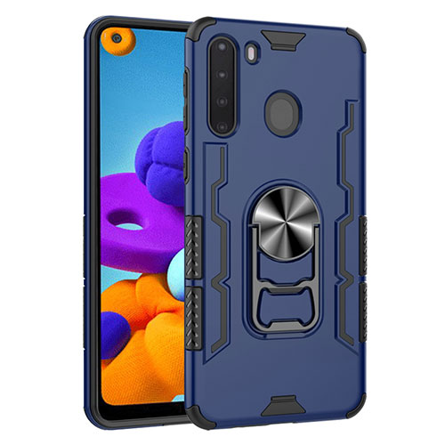 Silicone Matte Finish and Plastic Back Cover Case with Magnetic Finger Ring Stand for Samsung Galaxy A21 Blue