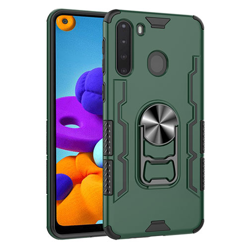Silicone Matte Finish and Plastic Back Cover Case with Magnetic Finger Ring Stand for Samsung Galaxy A21 Midnight Green