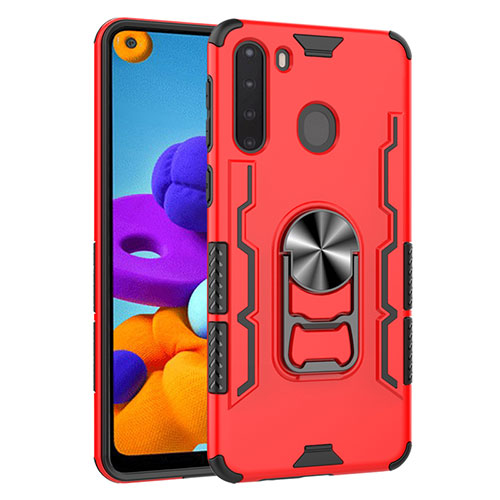 Silicone Matte Finish and Plastic Back Cover Case with Magnetic Finger Ring Stand for Samsung Galaxy A21 Red