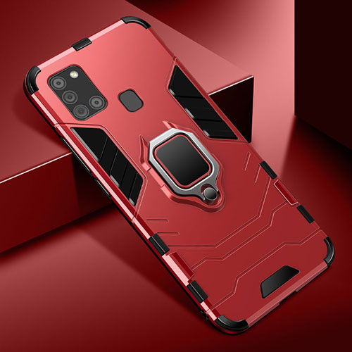 Silicone Matte Finish and Plastic Back Cover Case with Magnetic Finger Ring Stand for Samsung Galaxy A21s Red