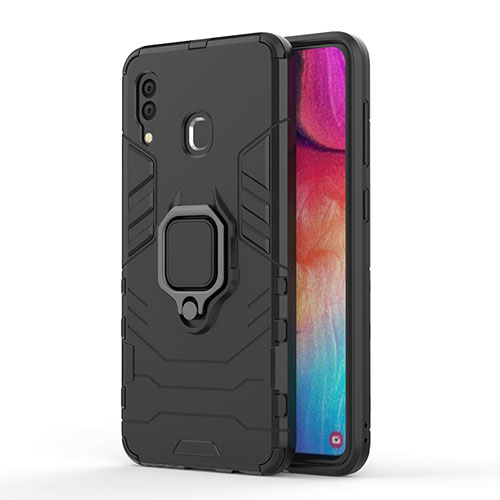 Silicone Matte Finish and Plastic Back Cover Case with Magnetic Finger Ring Stand for Samsung Galaxy A30 Black