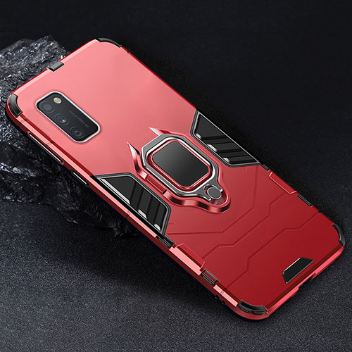 Silicone Matte Finish and Plastic Back Cover Case with Magnetic Finger Ring Stand for Samsung Galaxy A41 Red