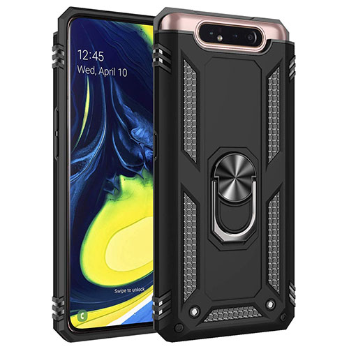 Silicone Matte Finish and Plastic Back Cover Case with Magnetic Finger Ring Stand for Samsung Galaxy A80 Black