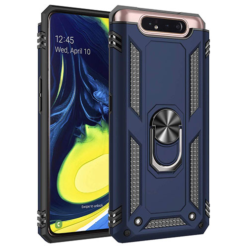 Silicone Matte Finish and Plastic Back Cover Case with Magnetic Finger Ring Stand for Samsung Galaxy A80 Blue