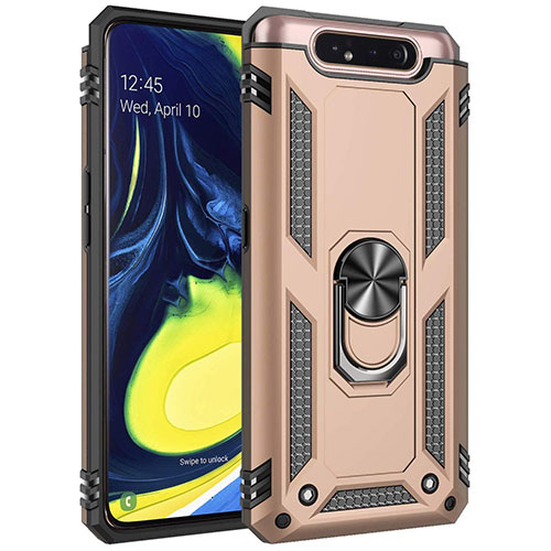 Silicone Matte Finish and Plastic Back Cover Case with Magnetic Finger Ring Stand for Samsung Galaxy A80 Gold
