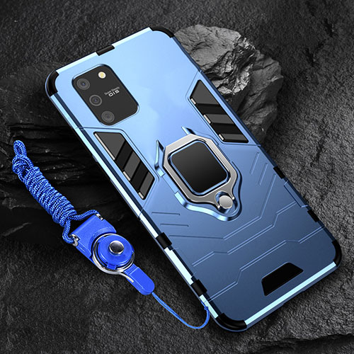 Silicone Matte Finish and Plastic Back Cover Case with Magnetic Finger Ring Stand for Samsung Galaxy A91 Blue