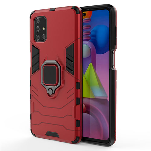 Silicone Matte Finish and Plastic Back Cover Case with Magnetic Finger Ring Stand for Samsung Galaxy M51 Red