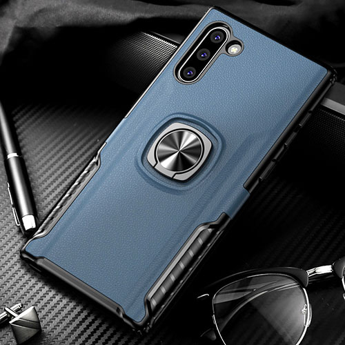 Silicone Matte Finish and Plastic Back Cover Case with Magnetic Finger Ring Stand for Samsung Galaxy Note 10 5G Blue