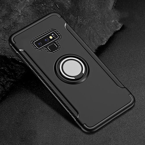 Silicone Matte Finish and Plastic Back Cover Case with Magnetic Finger Ring Stand for Samsung Galaxy Note 9 Black