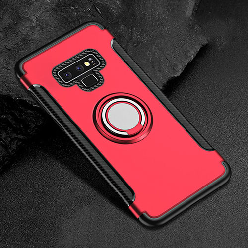 Silicone Matte Finish and Plastic Back Cover Case with Magnetic Finger Ring Stand for Samsung Galaxy Note 9 Red
