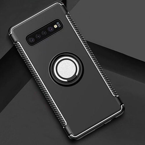 Silicone Matte Finish and Plastic Back Cover Case with Magnetic Finger Ring Stand for Samsung Galaxy S10 5G Black