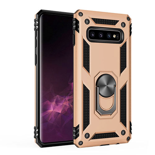 Silicone Matte Finish and Plastic Back Cover Case with Magnetic Finger Ring Stand for Samsung Galaxy S10 Plus Gold