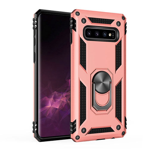Silicone Matte Finish and Plastic Back Cover Case with Magnetic Finger Ring Stand for Samsung Galaxy S10 Plus Rose Gold