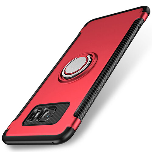 Silicone Matte Finish and Plastic Back Cover Case with Magnetic Finger Ring Stand for Samsung Galaxy S7 Edge G935F Red