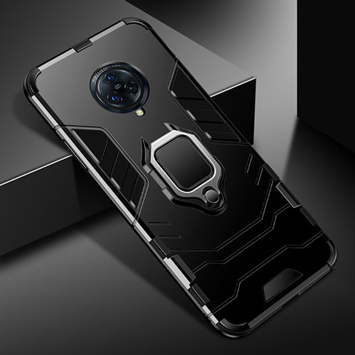 Silicone Matte Finish and Plastic Back Cover Case with Magnetic Finger Ring Stand for Vivo Nex 3 Black