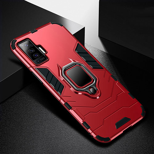 Silicone Matte Finish and Plastic Back Cover Case with Magnetic Finger Ring Stand for Vivo X50 5G Red