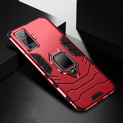 Silicone Matte Finish and Plastic Back Cover Case with Magnetic Finger Ring Stand for Vivo X51 5G Red