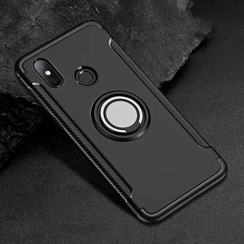Silicone Matte Finish and Plastic Back Cover Case with Magnetic Finger Ring Stand for Xiaomi Mi 8 Black