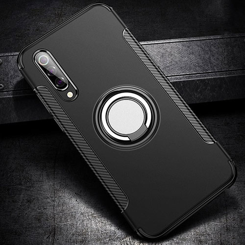 Silicone Matte Finish and Plastic Back Cover Case with Magnetic Finger Ring Stand for Xiaomi Mi 9 Black