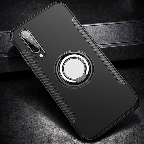 Silicone Matte Finish and Plastic Back Cover Case with Magnetic Finger Ring Stand for Xiaomi Mi 9 SE Black