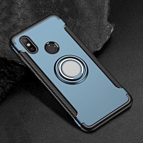 Silicone Matte Finish and Plastic Back Cover Case with Magnetic Finger Ring Stand for Xiaomi Mi Max 3 Blue