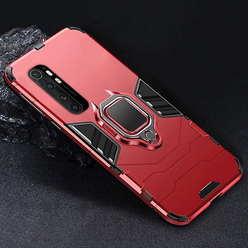 Silicone Matte Finish and Plastic Back Cover Case with Magnetic Finger Ring Stand for Xiaomi Mi Note 10 Lite Red
