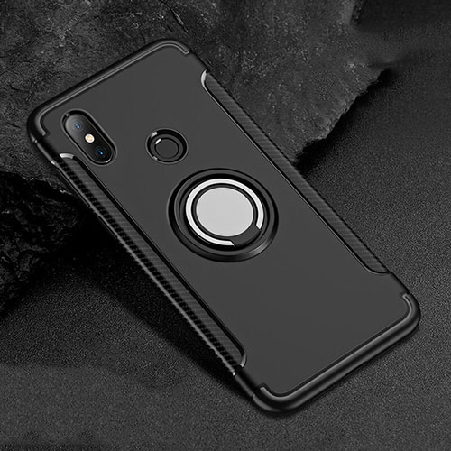 Silicone Matte Finish and Plastic Back Cover Case with Magnetic Finger Ring Stand for Xiaomi Redmi 6 Pro Black