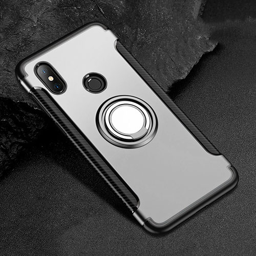 Silicone Matte Finish and Plastic Back Cover Case with Magnetic Finger Ring Stand for Xiaomi Redmi 6 Pro Silver