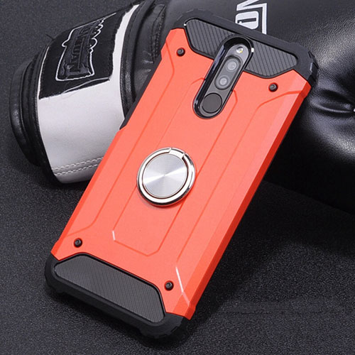 Silicone Matte Finish and Plastic Back Cover Case with Magnetic Finger Ring Stand for Xiaomi Redmi 8 Red