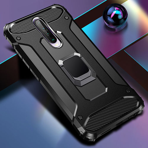 Silicone Matte Finish and Plastic Back Cover Case with Magnetic Finger Ring Stand for Xiaomi Redmi K30 5G Black