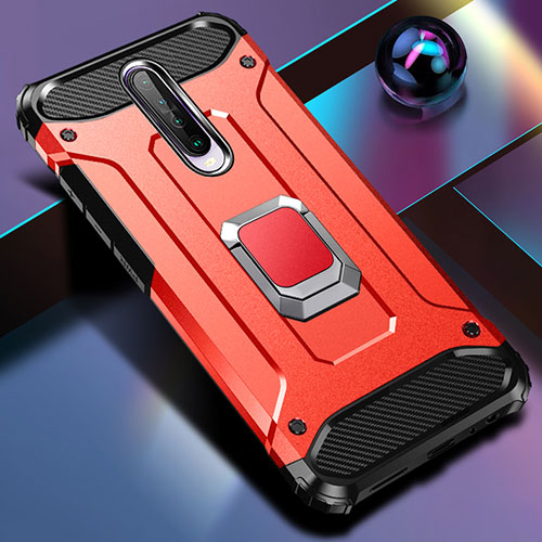 Silicone Matte Finish and Plastic Back Cover Case with Magnetic Finger Ring Stand for Xiaomi Redmi K30 5G Red
