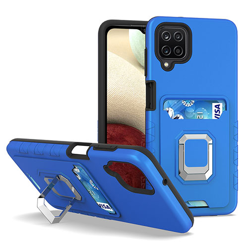 Silicone Matte Finish and Plastic Back Cover Case with Magnetic Finger Ring Stand J01S for Samsung Galaxy A12 Blue