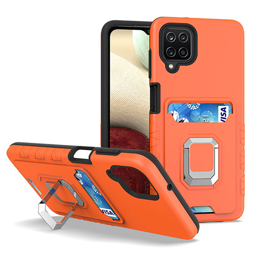 Silicone Matte Finish and Plastic Back Cover Case with Magnetic Finger Ring Stand J01S for Samsung Galaxy F12 Orange