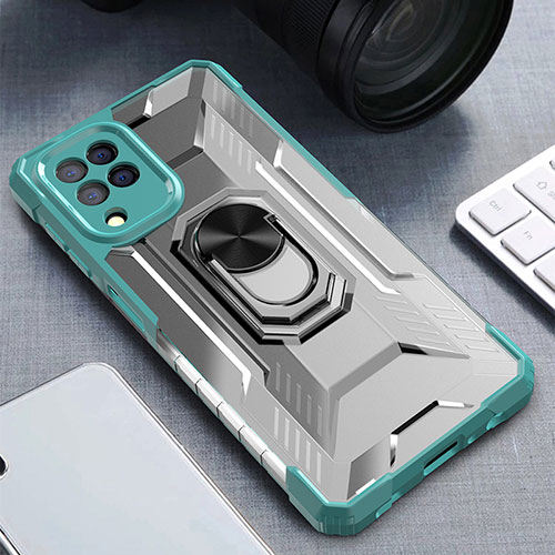 Silicone Matte Finish and Plastic Back Cover Case with Magnetic Finger Ring Stand J01S for Samsung Galaxy M32 4G Green