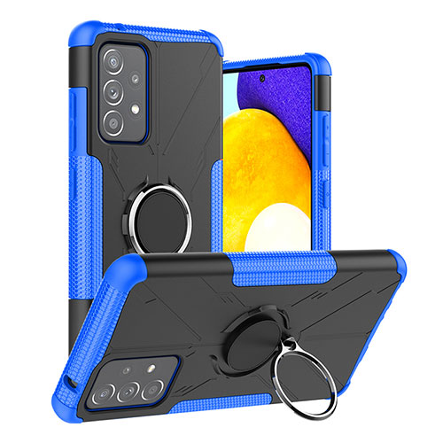 Silicone Matte Finish and Plastic Back Cover Case with Magnetic Finger Ring Stand J01X for Samsung Galaxy A52 4G Blue