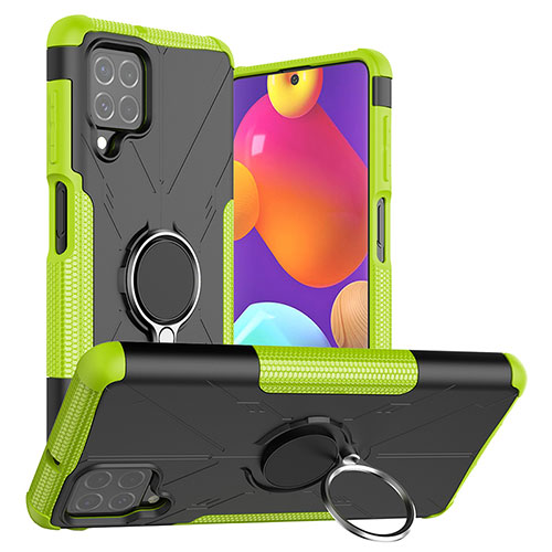 Silicone Matte Finish and Plastic Back Cover Case with Magnetic Finger Ring Stand J01X for Samsung Galaxy F62 5G Green